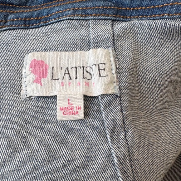 L'ATISTE by Amy Denim Dress Peplum V Neck Short Sleeve‎ Pencil Skirt Blue Large - Picture 11 of 11